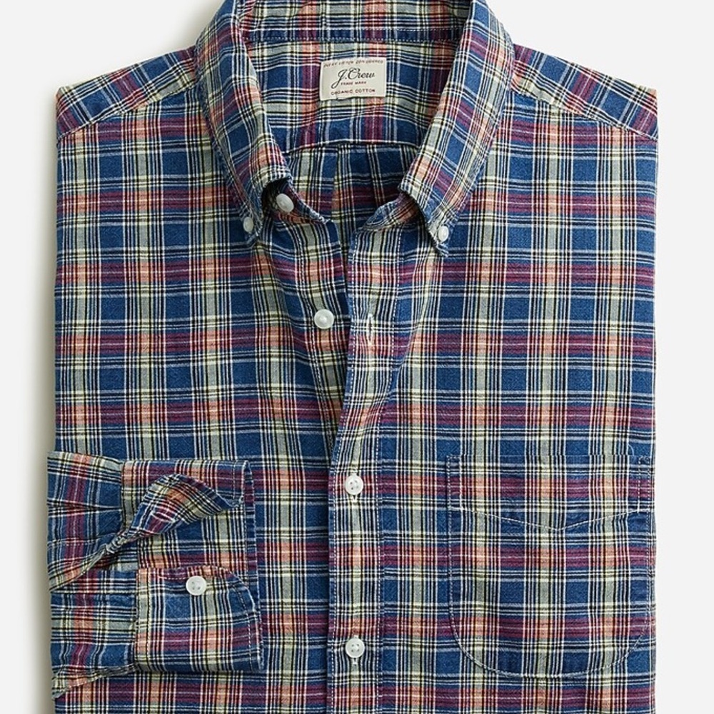 J. Crew Men's Organic Cotton Indigo Chambray Plaid Shirt XL